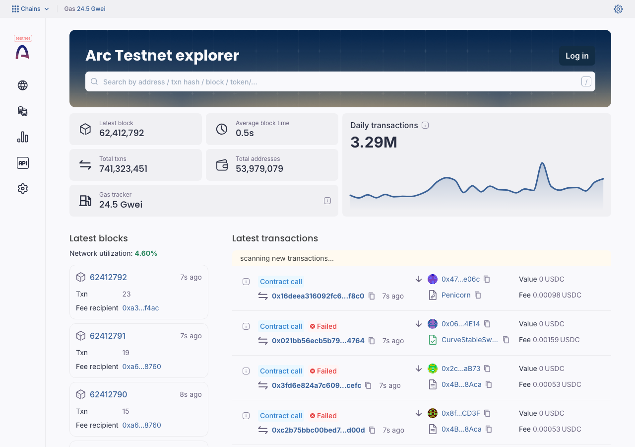 explorer.testnet.arc.io in the browser during the run