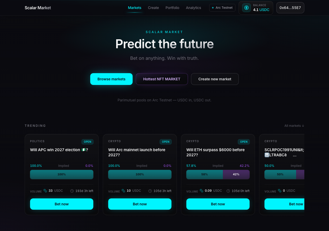 www.scalarmarket.xyz in the browser during the run