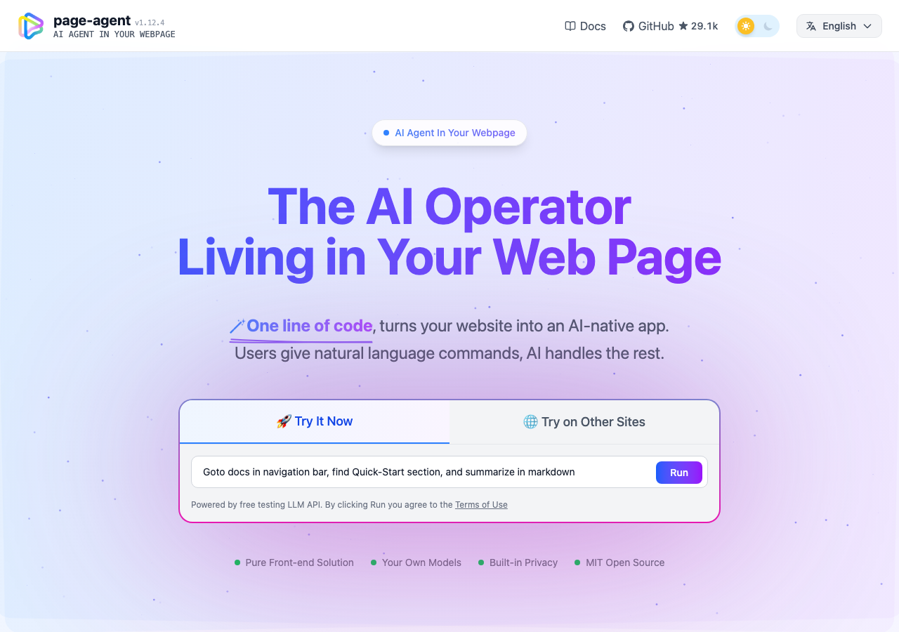 Page Agent demo in the browser during the run